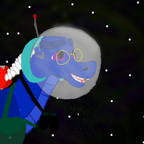 blue bespectacled dragon dressed for space sightseeing with a bubble helmet, red oxygen tanks, binoculars, and a green pouch.